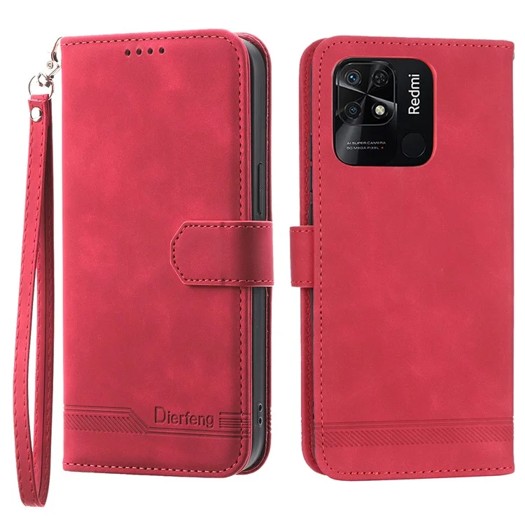 DIERFENG DF-03 for Xiaomi Redmi 10C 4G Phone Wallet Case Lines Imprinted Stand PU Leather Protective Phone Cover - Red