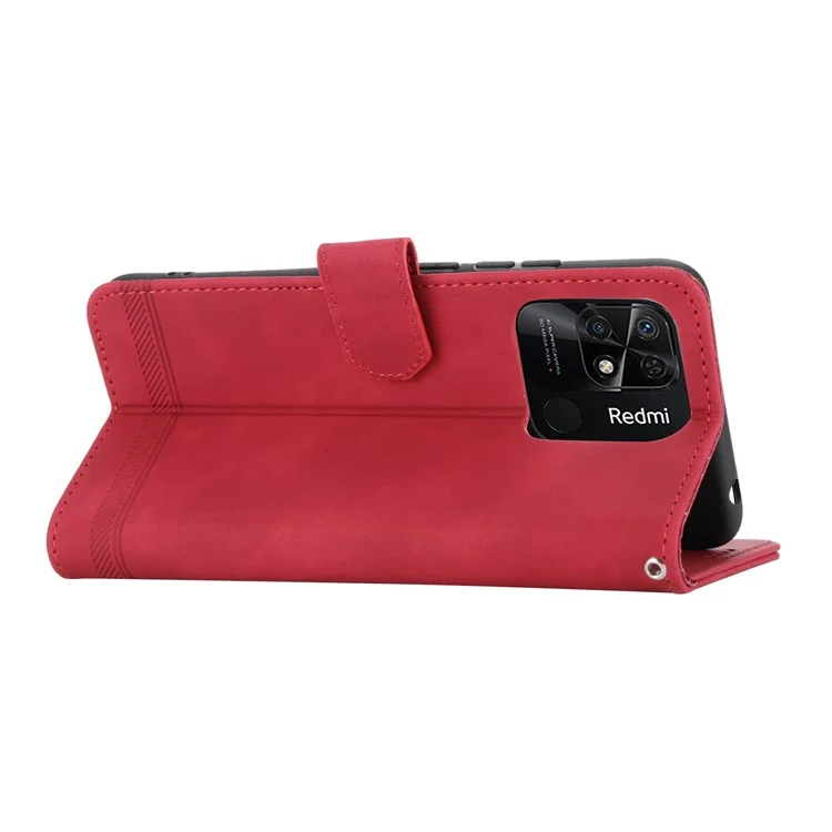 DIERFENG DF-03 for Xiaomi Redmi 10C 4G Phone Wallet Case Lines Imprinted Stand PU Leather Protective Phone Cover - Red