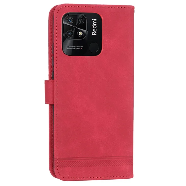 DIERFENG DF-03 for Xiaomi Redmi 10C 4G Phone Wallet Case Lines Imprinted Stand PU Leather Protective Phone Cover - Red