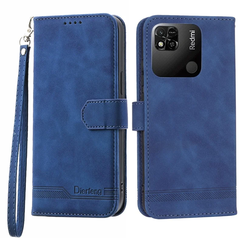 DIERFENG DF-03 Capa de Couro PU para Xiaomi Redmi 10A, Linhas Gravadas Anti-queda Wallet Phone Stand Cover - Azul