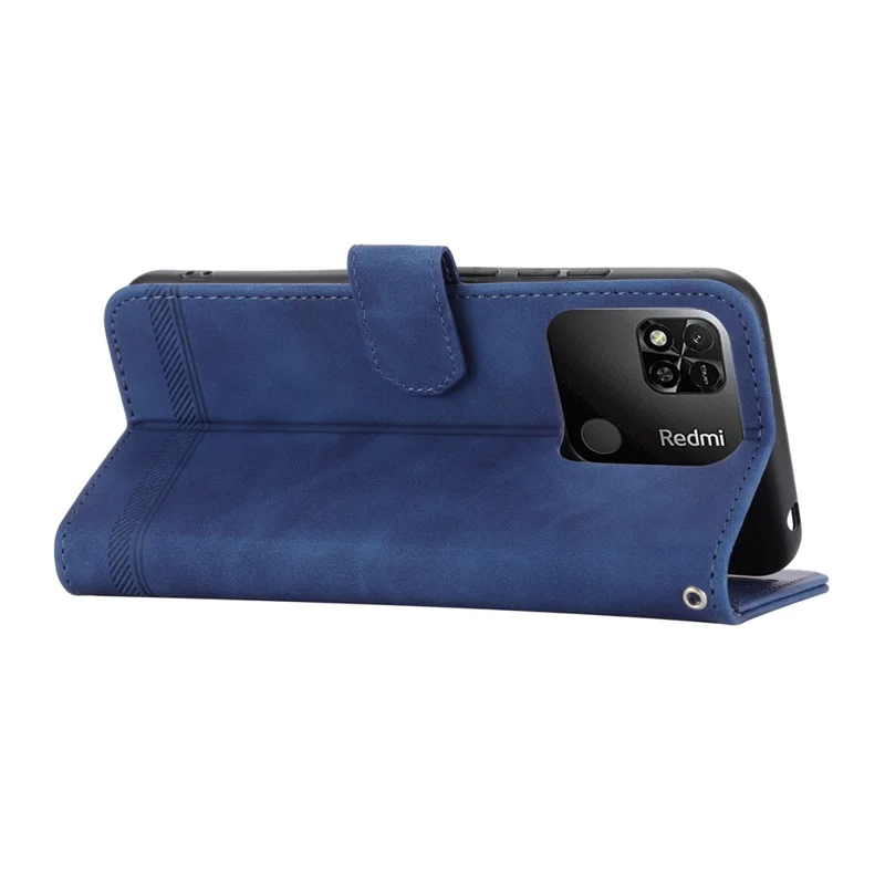 DIERFENG DF-03 Capa de Couro PU para Xiaomi Redmi 10A, Linhas Gravadas Anti-queda Wallet Phone Stand Cover - Azul