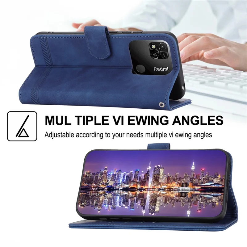 DIERFENG DF-03 Capa de Couro PU para Xiaomi Redmi 10A, Linhas Gravadas Anti-queda Wallet Phone Stand Cover - Azul