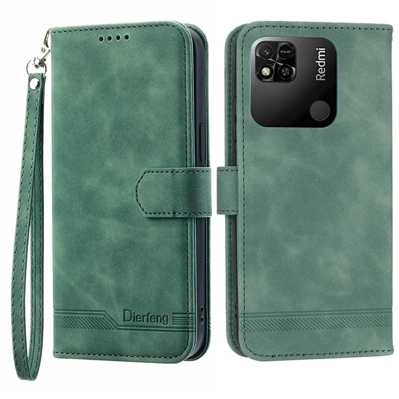 DIERFENG DF-03 PU Leather Case for Xiaomi Redmi 10A, Lines Imprinted Anti-drop Wallet Phone Stand Cover - Green