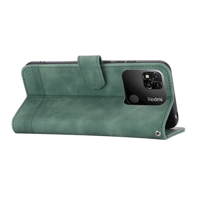 DIERFENG DF-03 PU Leather Case for Xiaomi Redmi 10A, Lines Imprinted Anti-drop Wallet Phone Stand Cover - Green