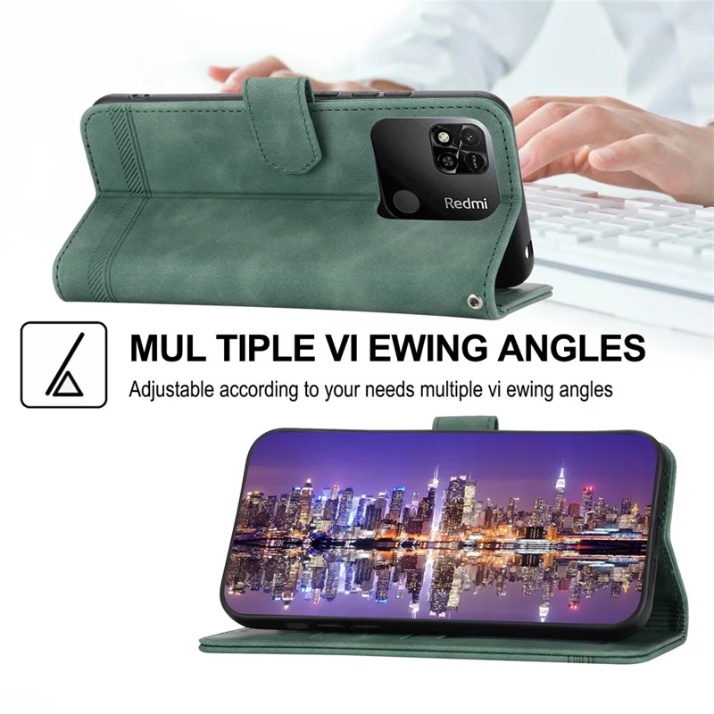 DIERFENG DF-03 PU Leather Case for Xiaomi Redmi 10A, Lines Imprinted Anti-drop Wallet Phone Stand Cover - Green