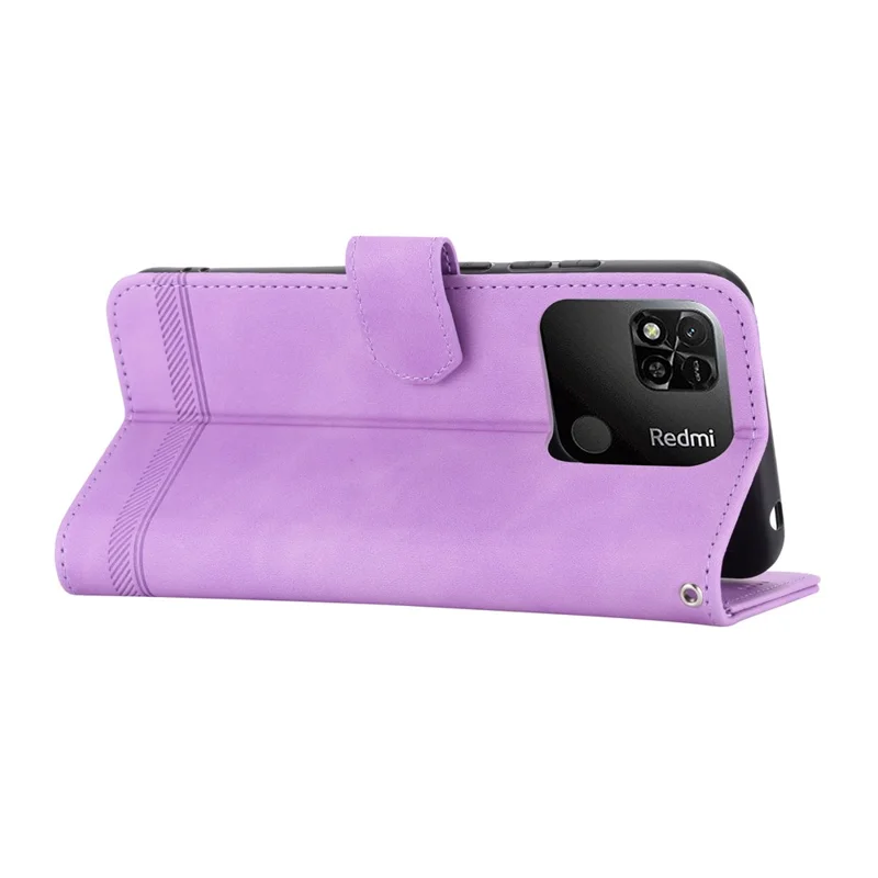 DIERFENG DF-03 PU Leather Case for Xiaomi Redmi 10A, Lines Imprinted Anti-drop Wallet Phone Stand Cover - Purple