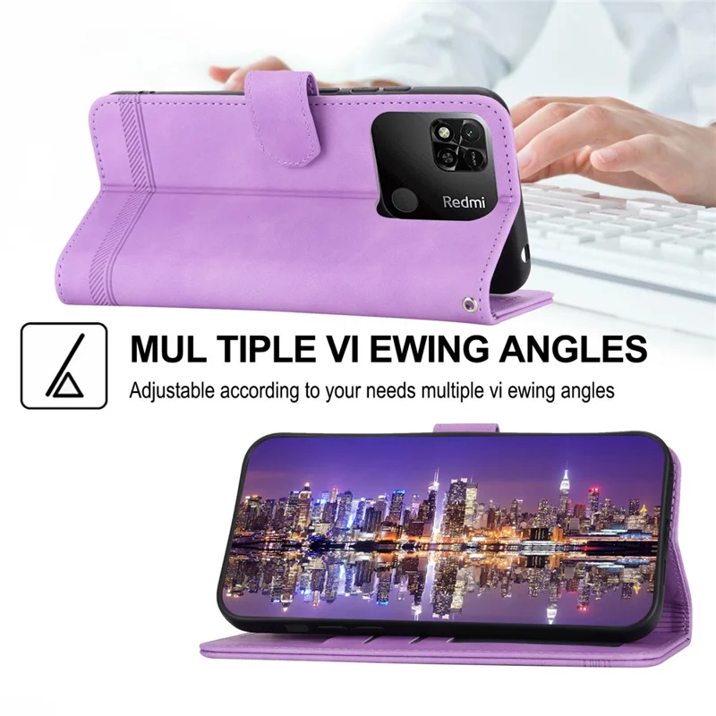 DIERFENG DF-03 PU Leather Case for Xiaomi Redmi 10A, Lines Imprinted Anti-drop Wallet Phone Stand Cover - Purple