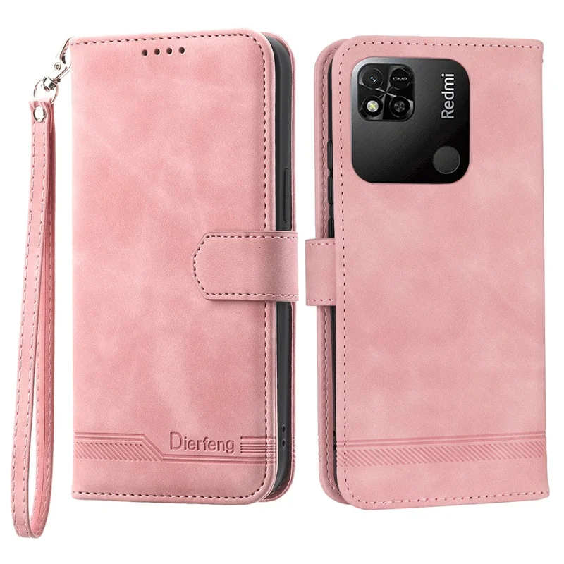 DIERFENG DF-03 PU Leather Case for Xiaomi Redmi 10A, Lines Imprinted Anti-drop Wallet Phone Stand Cover - Pink