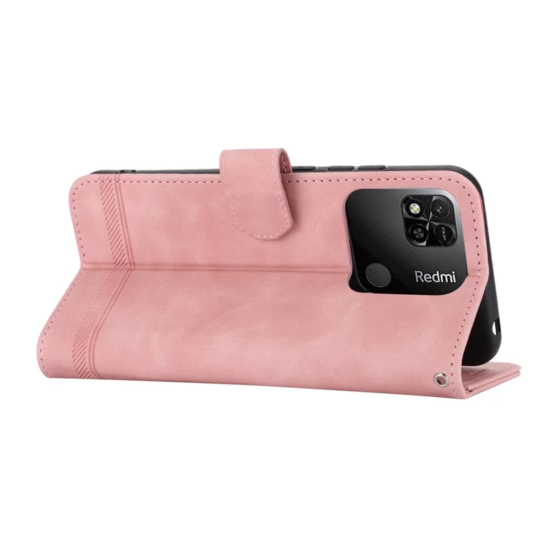 DIERFENG DF-03 PU Leather Case for Xiaomi Redmi 10A, Lines Imprinted Anti-drop Wallet Phone Stand Cover - Pink