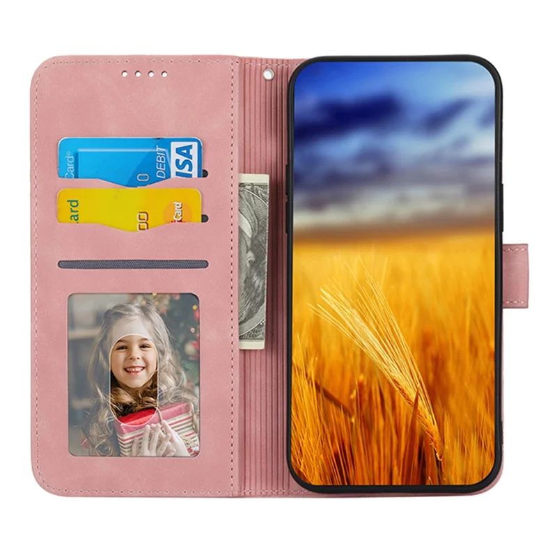 DIERFENG DF-03 PU Leather Case for Xiaomi Redmi 10A, Lines Imprinted Anti-drop Wallet Phone Stand Cover - Pink