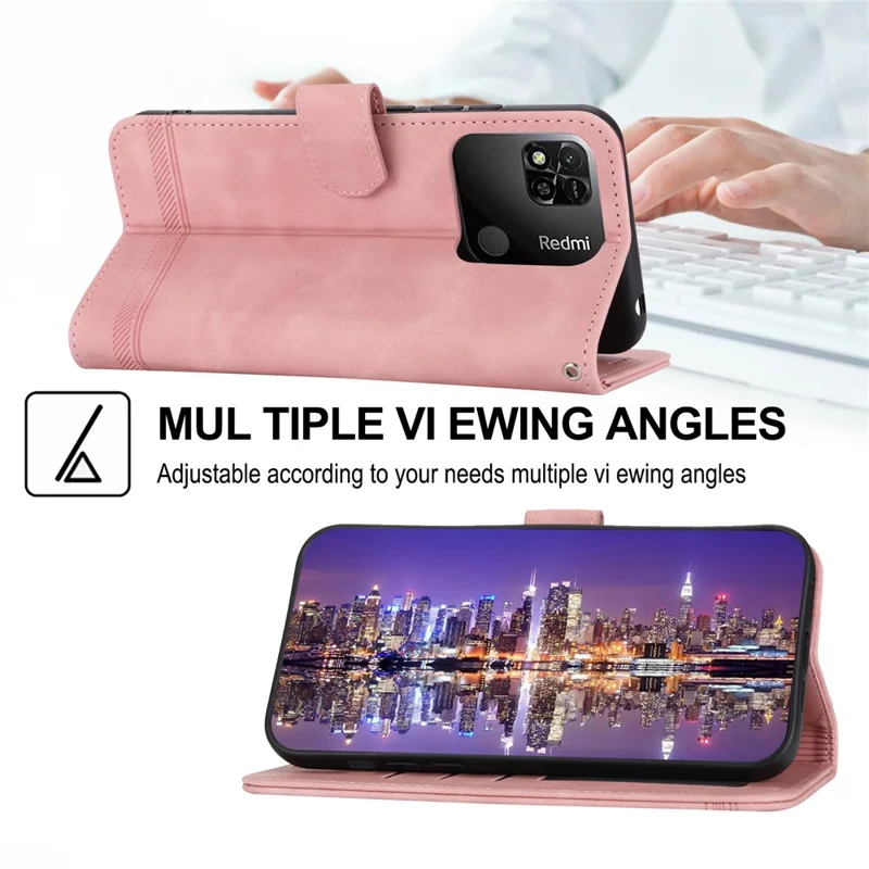 DIERFENG DF-03 PU Leather Case for Xiaomi Redmi 10A, Lines Imprinted Anti-drop Wallet Phone Stand Cover - Pink