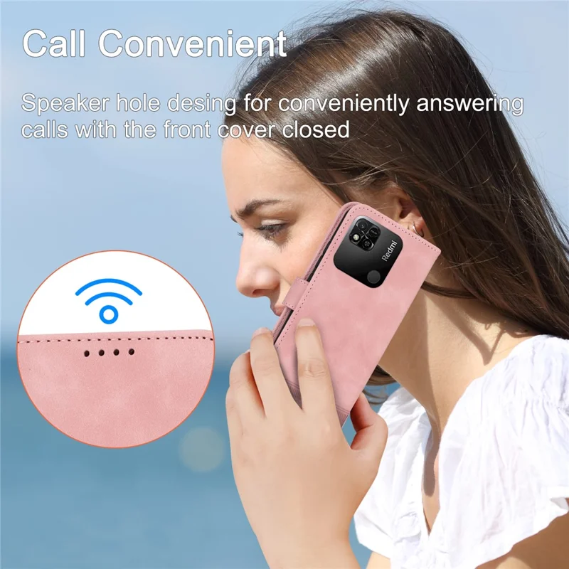 DIERFENG DF-03 PU Leather Case for Xiaomi Redmi 10A, Lines Imprinted Anti-drop Wallet Phone Stand Cover - Pink