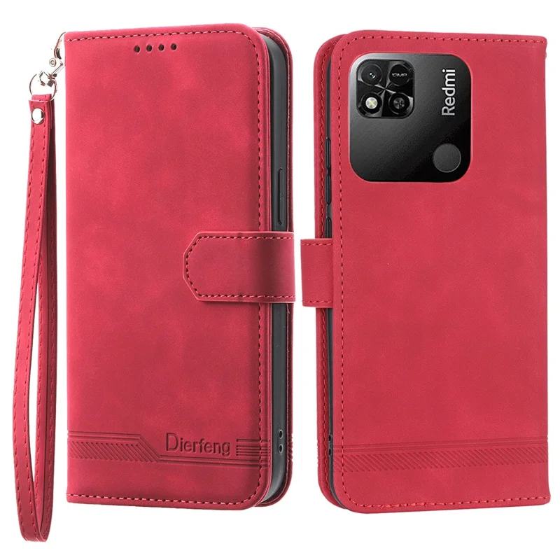 DIERFENG DF-03 Étui en cuir PU pour Xiaomi Redmi 10A, motifs imprimés anti-chute, support de téléphone portefeuille - Rouge