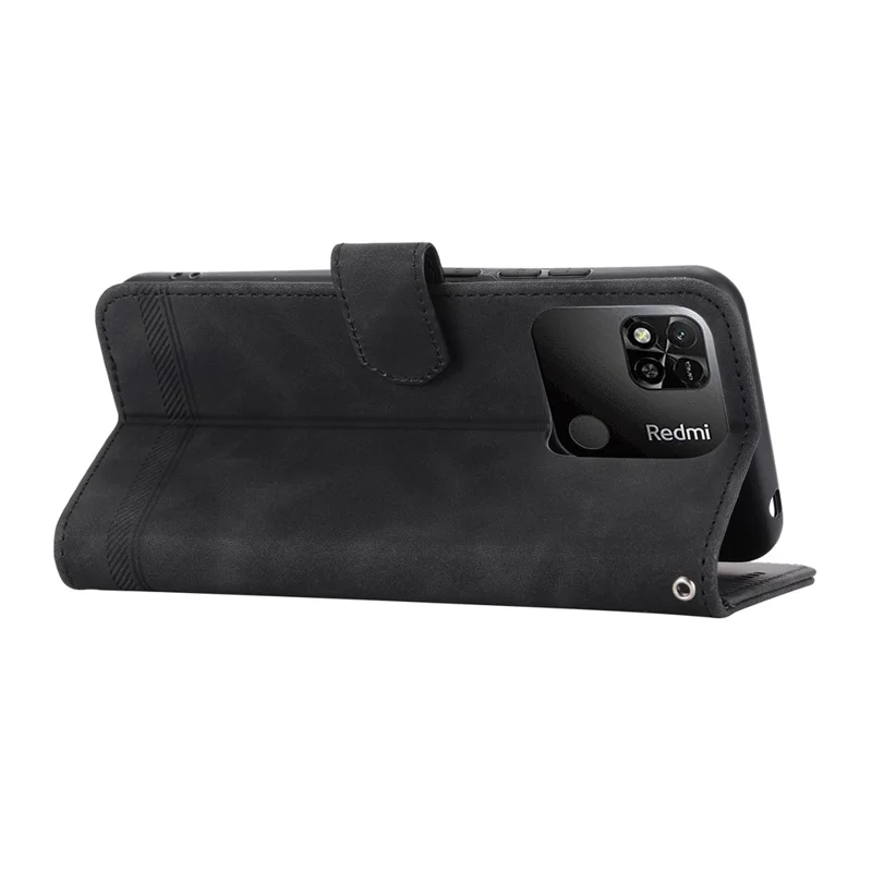 DIERFENG DF-03 PU Leather Case for Xiaomi Redmi 10A, Lines Imprinted Anti-drop Wallet Phone Stand Cover - Black
