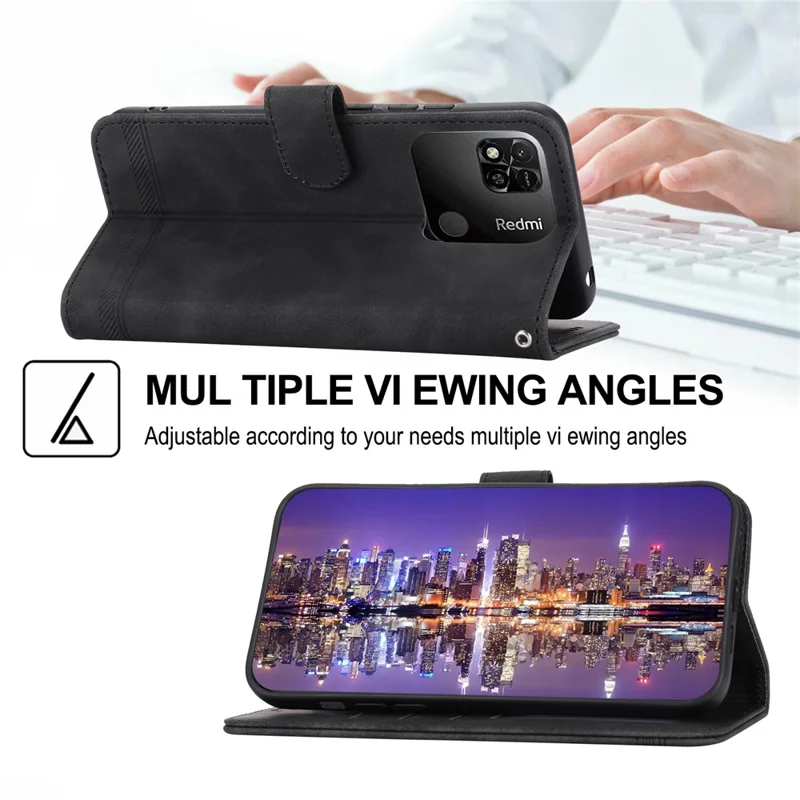 DIERFENG DF-03 PU Leather Case for Xiaomi Redmi 10A, Lines Imprinted Anti-drop Wallet Phone Stand Cover - Black