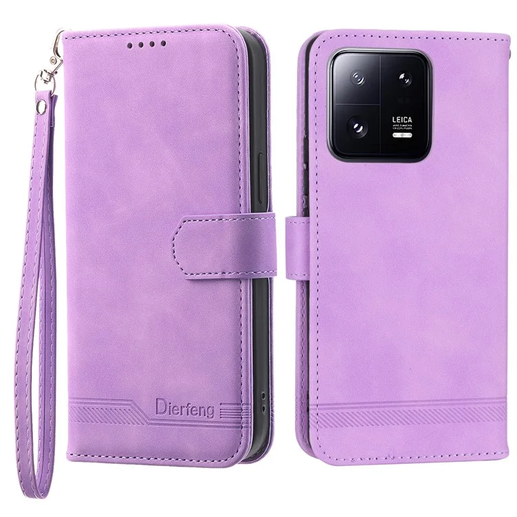 DIERFENG DF-03 Mobile Phone Case for Xiaomi 13 Pro 5G, PU Leather Stand Lines Imprinted Phone Wallet Cover - Purple