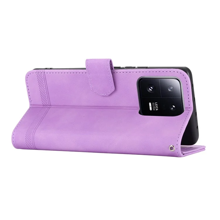 DIERFENG DF-03 Mobile Phone Case for Xiaomi 13 Pro 5G, PU Leather Stand Lines Imprinted Phone Wallet Cover - Purple