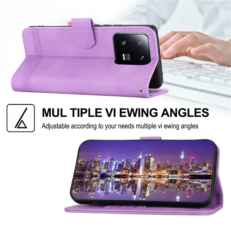 DIERFENG DF-03 Mobile Phone Case for Xiaomi 13 Pro 5G, PU Leather Stand Lines Imprinted Phone Wallet Cover - Purple