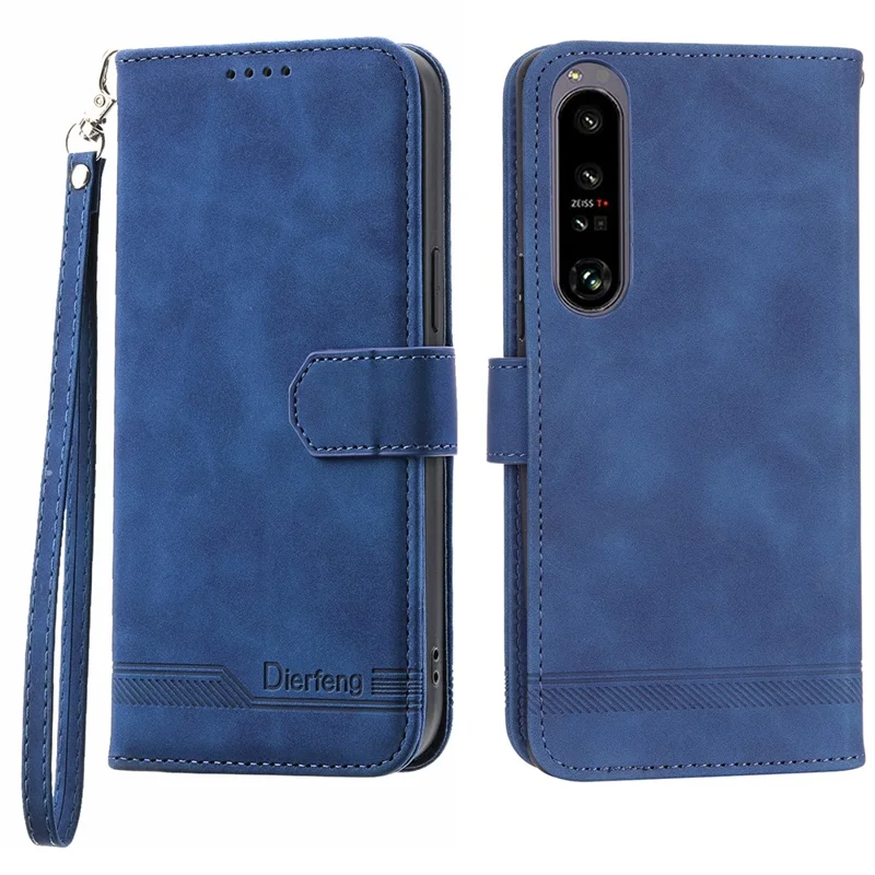 DIERFENG DF-03 Cell Phone Cover for Sony Xperia 1 IV 5G, Lines Imprinted PU Leather Wallet Phone Stand Case - Blue