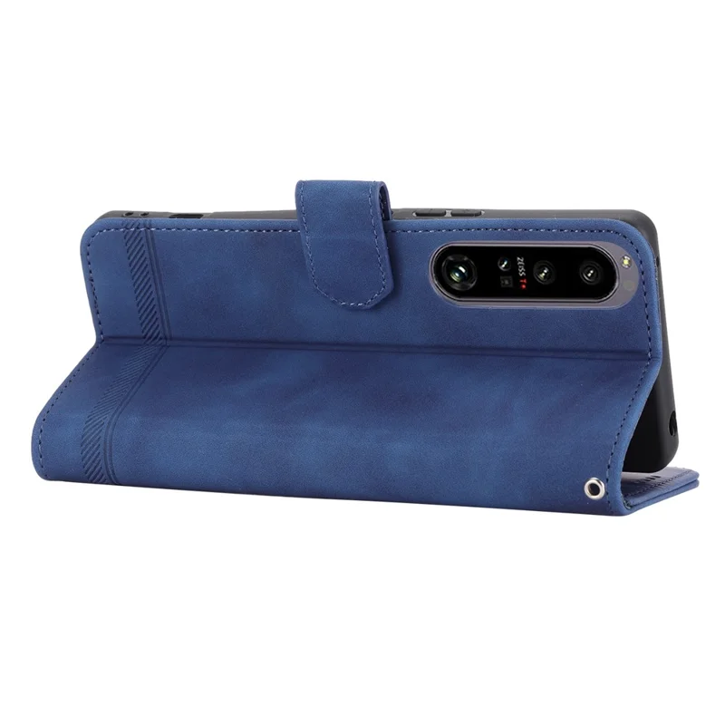 DIERFENG DF-03 Cell Phone Cover for Sony Xperia 1 IV 5G, Lines Imprinted PU Leather Wallet Phone Stand Case - Blue