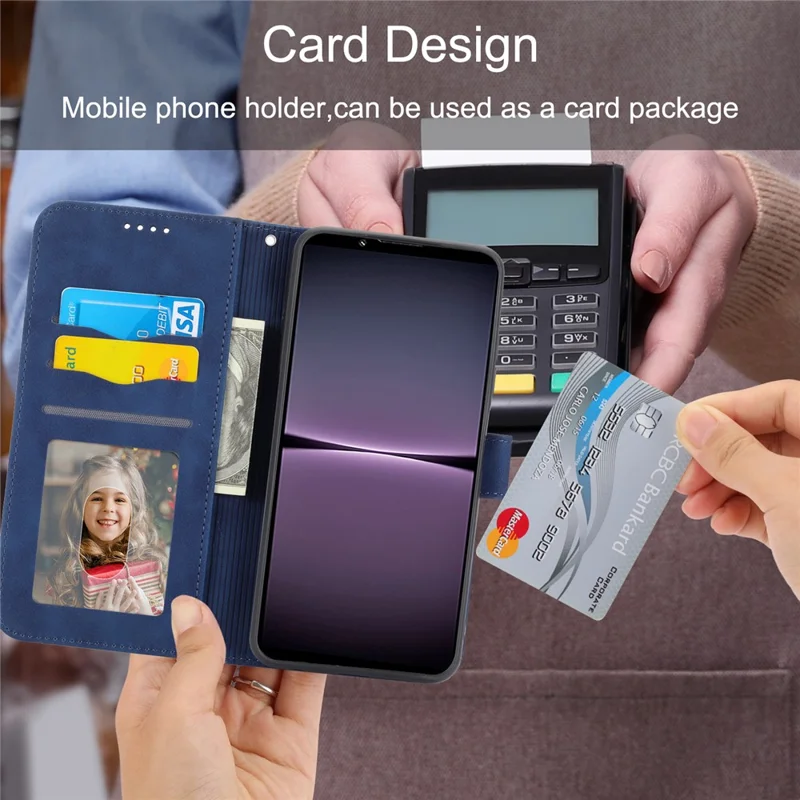 DIERFENG DF-03 Cell Phone Cover for Sony Xperia 1 IV 5G, Lines Imprinted PU Leather Wallet Phone Stand Case - Blue