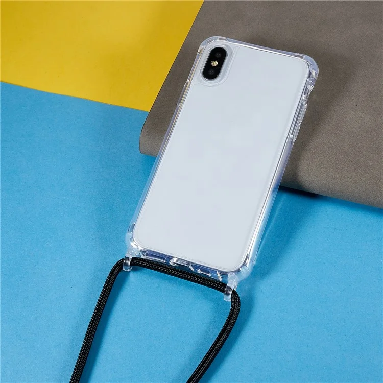 For iPhone X / XS Anti-drop TPU+Acrylic Phone Cover Transparent Case with Adjustable Lanyard - Black