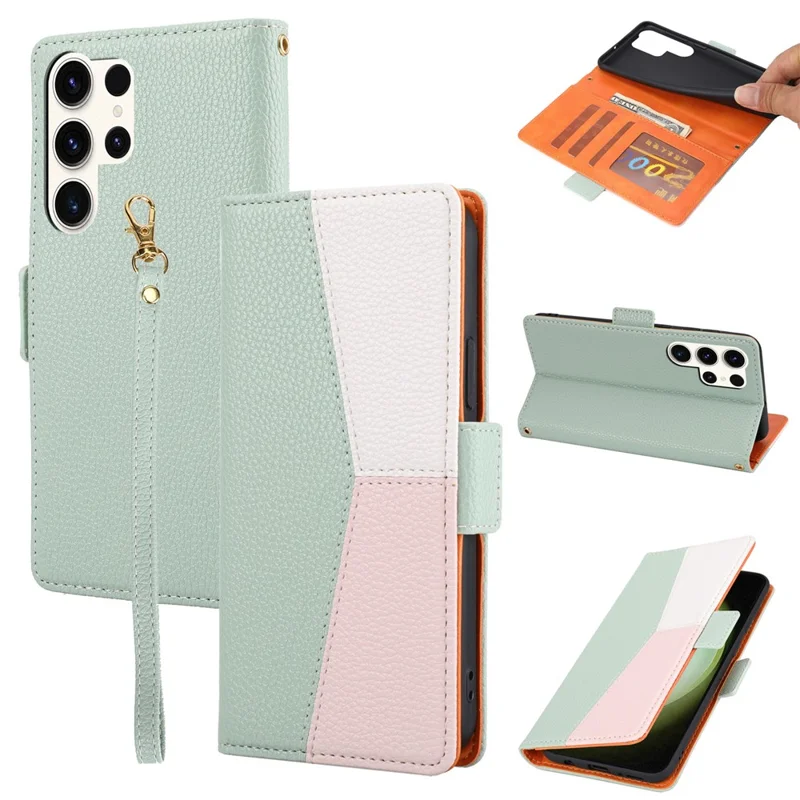 PU Leather Phone Wallet Case for Samsung Galaxy S23 Ultra, Tri-color Splicing Litchi Texture Phone Stand Cover with Strap - Green