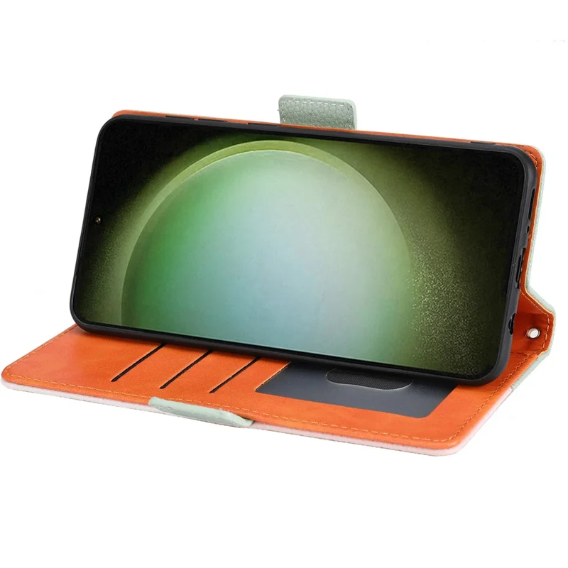 PU Leather Phone Wallet Case for Samsung Galaxy S23 Ultra, Tri-color Splicing Litchi Texture Phone Stand Cover with Strap - Green