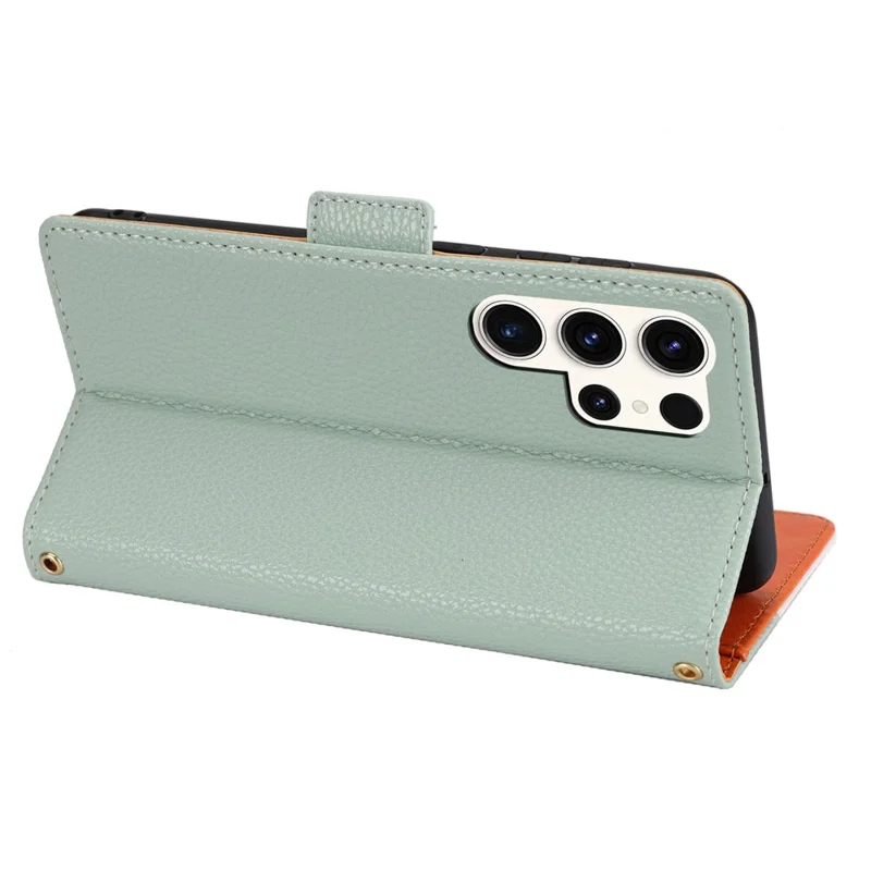 PU Leather Phone Wallet Case for Samsung Galaxy S23 Ultra, Tri-color Splicing Litchi Texture Phone Stand Cover with Strap - Green