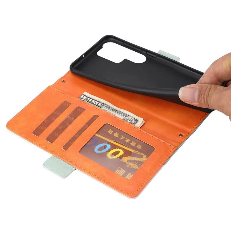 PU Leather Phone Wallet Case for Samsung Galaxy S23 Ultra, Tri-color Splicing Litchi Texture Phone Stand Cover with Strap - Green