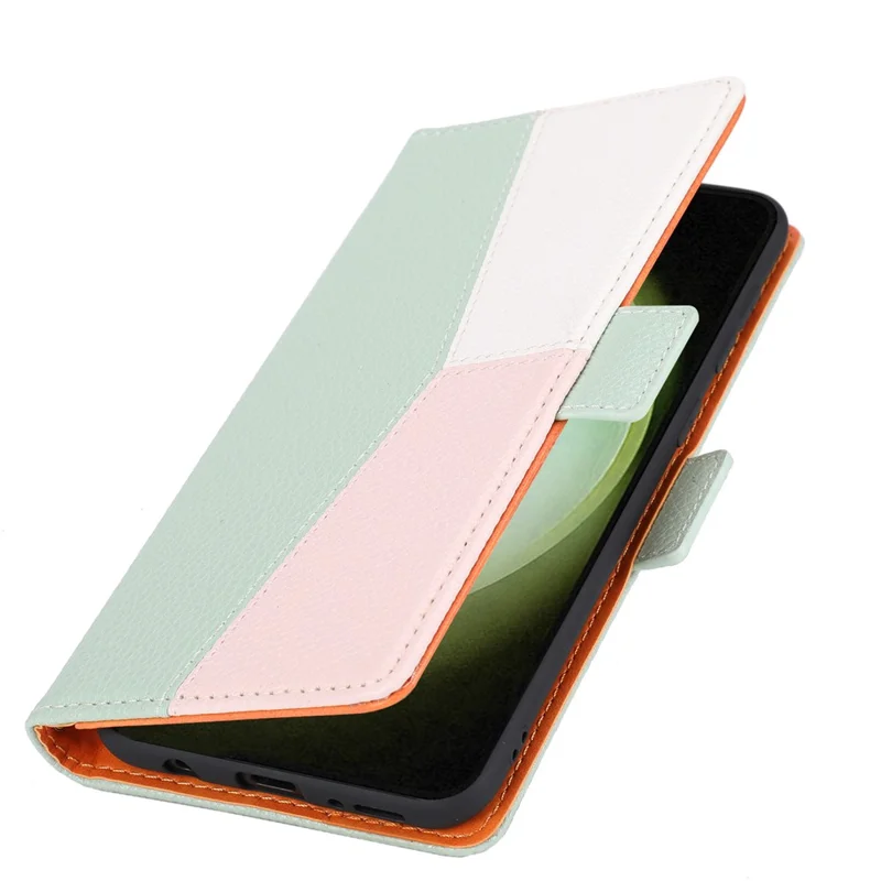PU Leather Phone Wallet Case for Samsung Galaxy S23 Ultra, Tri-color Splicing Litchi Texture Phone Stand Cover with Strap - Green