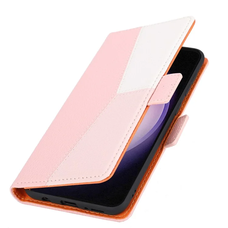 Phone Leather Case for Samsung Galaxy S23, Tri-color Splicing Litchi Texture Cell Phone Stand Cover Wallet with Strap - Pink