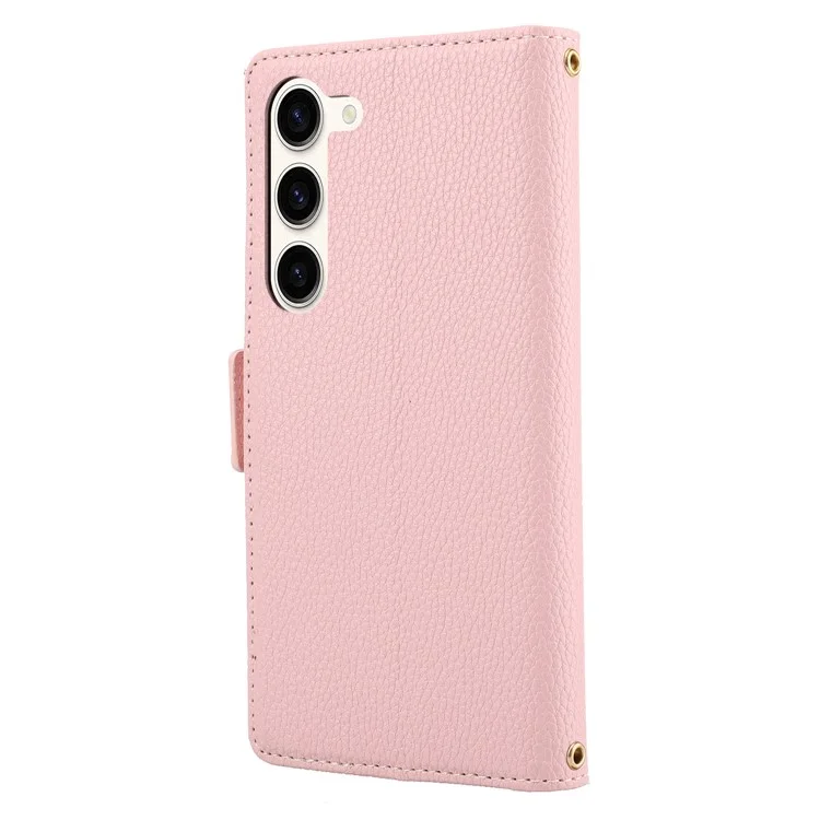 Phone Leather Case for Samsung Galaxy S23, Tri-color Splicing Litchi Texture Cell Phone Stand Cover Wallet with Strap - Pink