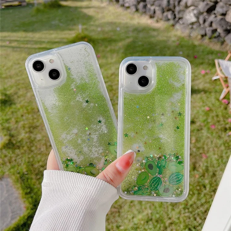 Pour iPhone 13 / 14 Fruit Liquid Quicksand PC+TPU Case Back Protector Phone Cover - Pastèque