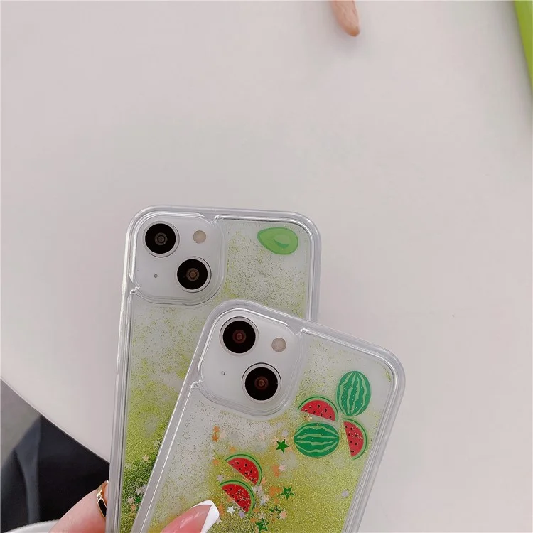 Pour iPhone 13 / 14 Fruit Liquid Quicksand PC+TPU Case Back Protector Phone Cover - Pastèque