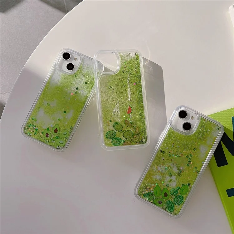 Pour iPhone 13 / 14 Fruit Liquid Quicksand PC+TPU Case Back Protector Phone Cover - Pastèque