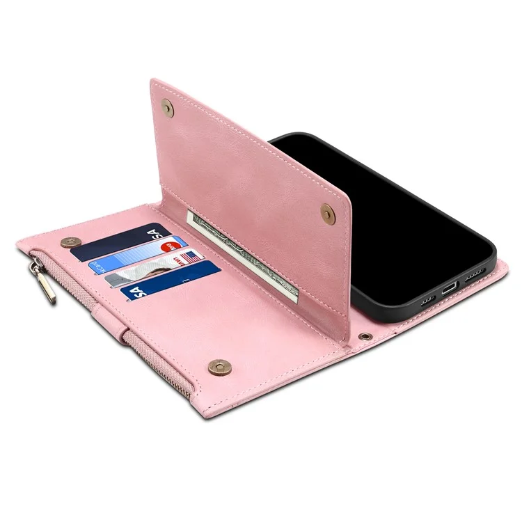 ESEBLE Star Series Phone Stand Case per Samsung Galaxy A14 5G / A14 4G Custodia Portafoglio in Pelle con Cerniera e Cinturino da Polso - Rosa Oro