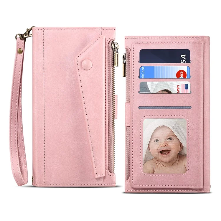 ESEBLE Star Series Phone Stand Case per Samsung Galaxy A14 5G / A14 4G Custodia Portafoglio in Pelle con Cerniera e Cinturino da Polso - Rosa Oro