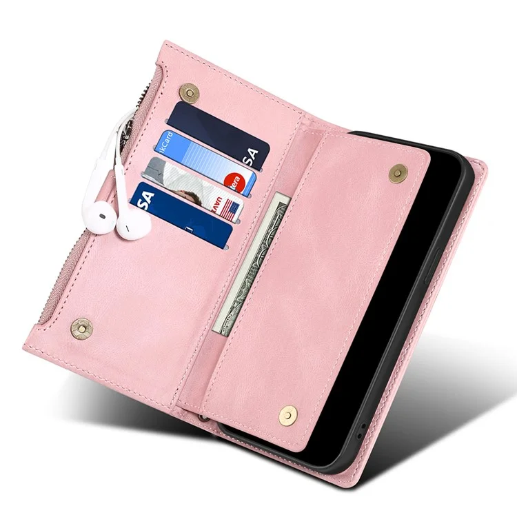ESEBLE Star Series Phone Stand Case per Samsung Galaxy A14 5G / A14 4G Custodia Portafoglio in Pelle con Cerniera e Cinturino da Polso - Rosa Oro