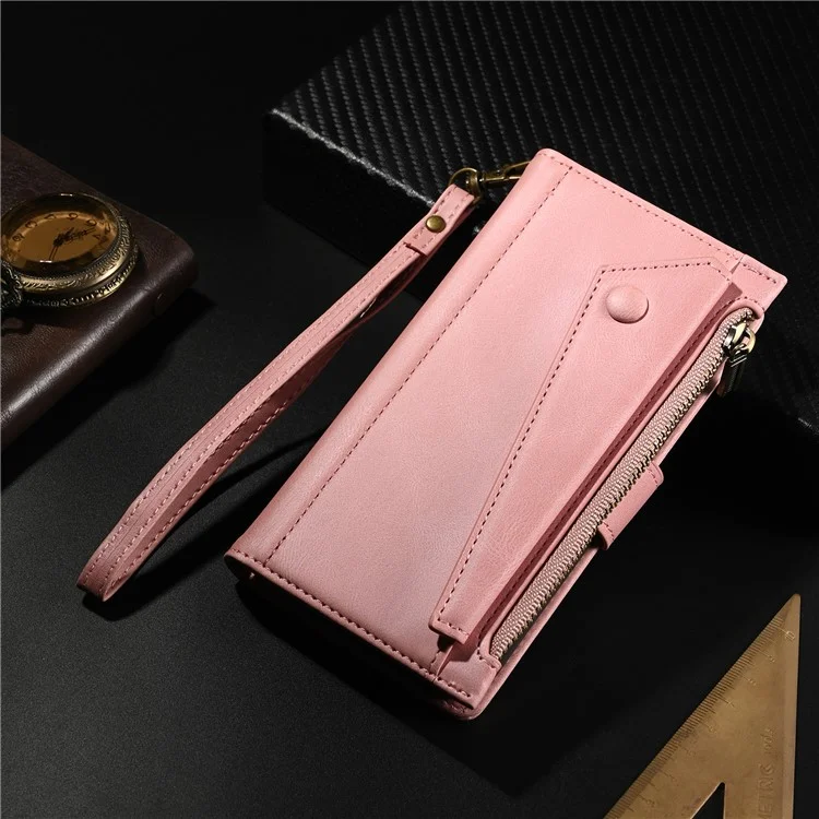 ESEBLE Star Series Phone Stand Case per Samsung Galaxy A14 5G / A14 4G Custodia Portafoglio in Pelle con Cerniera e Cinturino da Polso - Rosa Oro