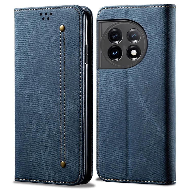 Чехол-бумажник из натуральной кожи для OnePlus 11R 5G / Ace 2 5G, тканевый чехол с джинсовым узором и подставкой - синий