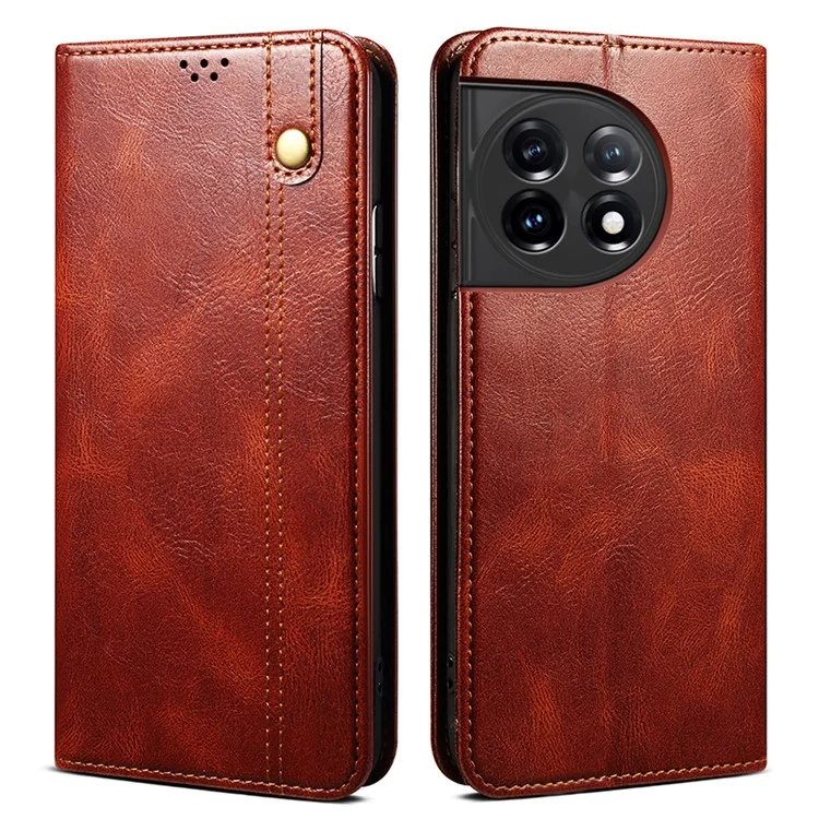 Suporte de Celular com Capa para OnePlus 11 5G, Couro PU com Textura de Cavalo Selvagem Encerada, Capa de Smartphone - Marrom