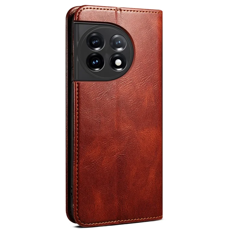 Suporte de Celular com Capa para OnePlus 11 5G, Couro PU com Textura de Cavalo Selvagem Encerada, Capa de Smartphone - Marrom