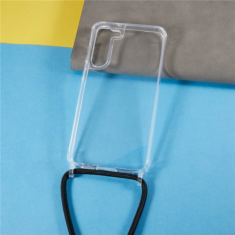 Clear Phone Case for Samsung Galaxy S23, Non-Slip TPU Bumper + Acrylic Back Phone Cover with Lanyard - Black