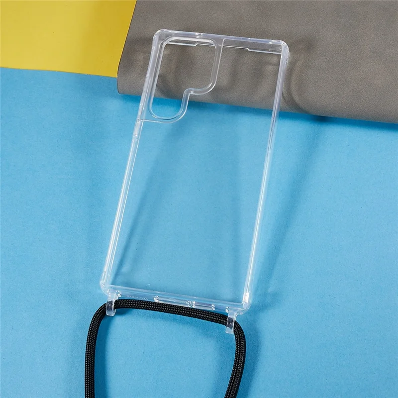 For Samsung Galaxy S23 Ultra TPU+Acrylic Phone Drop-proof Cover Clear Anti-scratch Case with Long Lanyard - Black