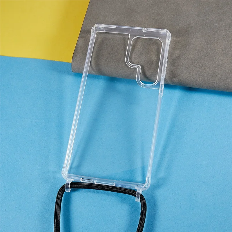 For Samsung Galaxy S23 Ultra TPU+Acrylic Phone Drop-proof Cover Clear Anti-scratch Case with Long Lanyard - Black