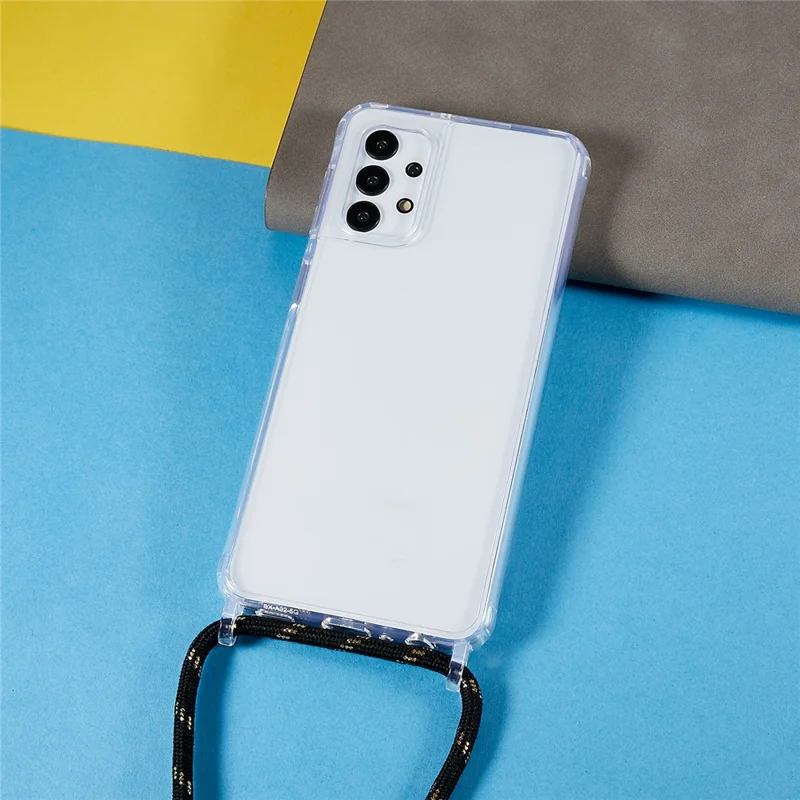 Phone Protector Case for Samsung Galaxy A13 4G / 5G, Clear TPU+Acrylic Back Cover with Lanyard - Black  /  Gold
