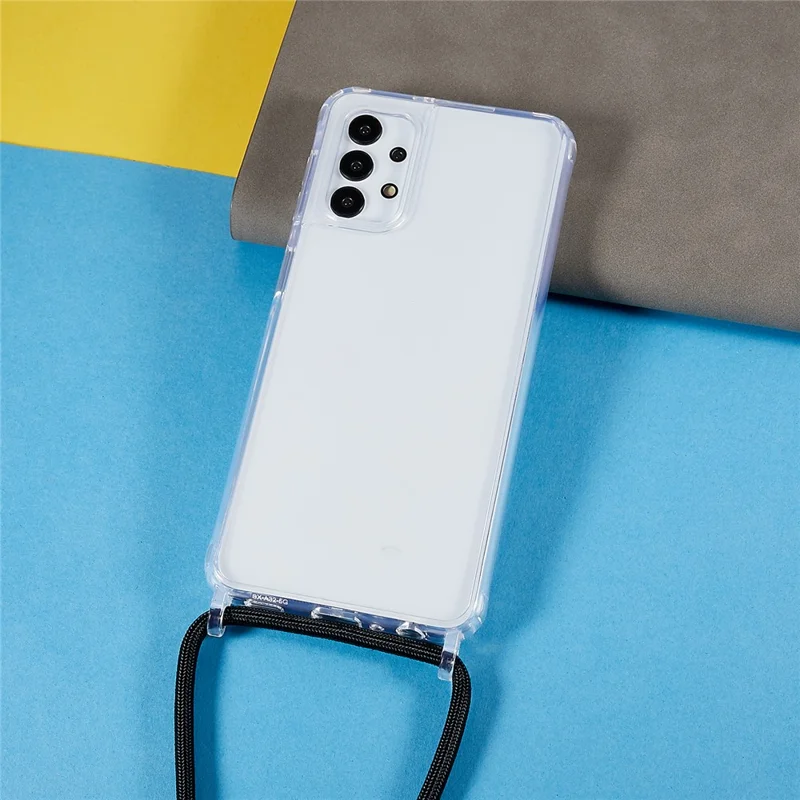 Phone Protector Case for Samsung Galaxy A13 4G / 5G, Clear TPU+Acrylic Back Cover with Lanyard - Black