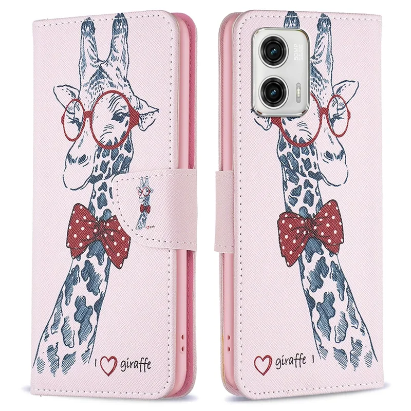 For Motorola Moto G73 5G Phone Case Pattern Printing PU Leather Wallet Stand Cover - Giraffe