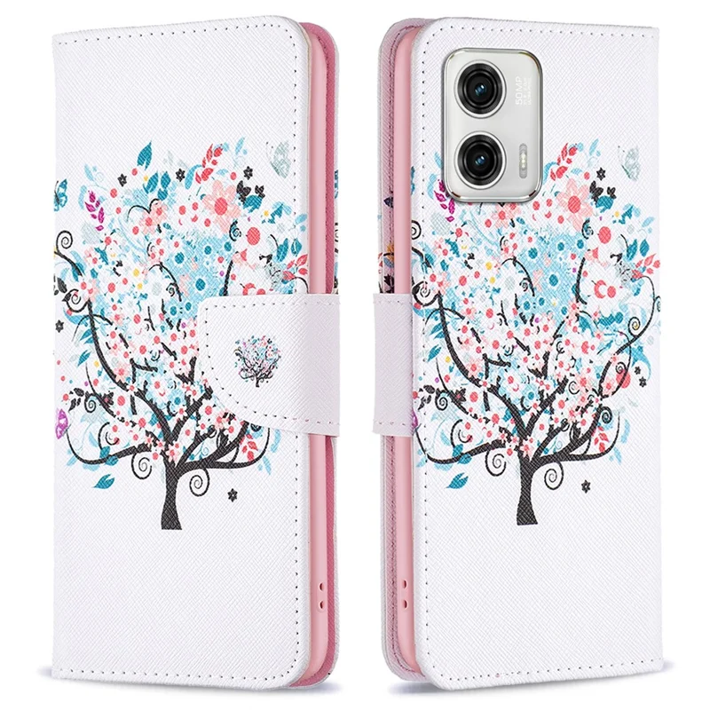 For Motorola Moto G73 5G Phone Case Pattern Printing PU Leather Wallet Stand Cover -  Flower Tree